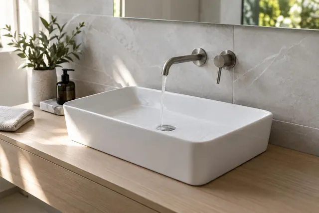 Sanitärdetail mit fließendem Wasser und hochwertiger Armatur
